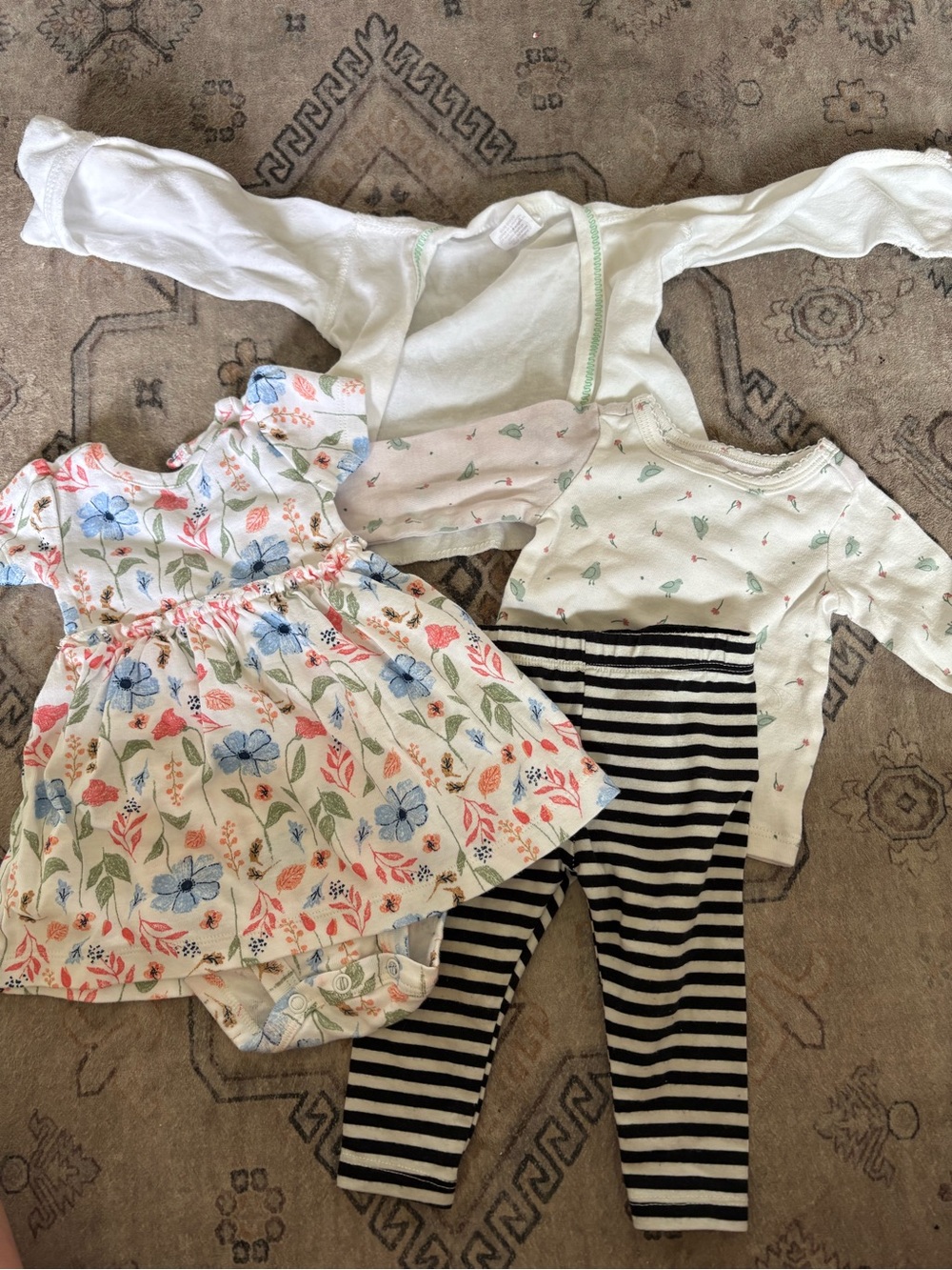 Baby Girl Floral Dress & Mixed Top Set - White, Pastel Floral, Black Stripe